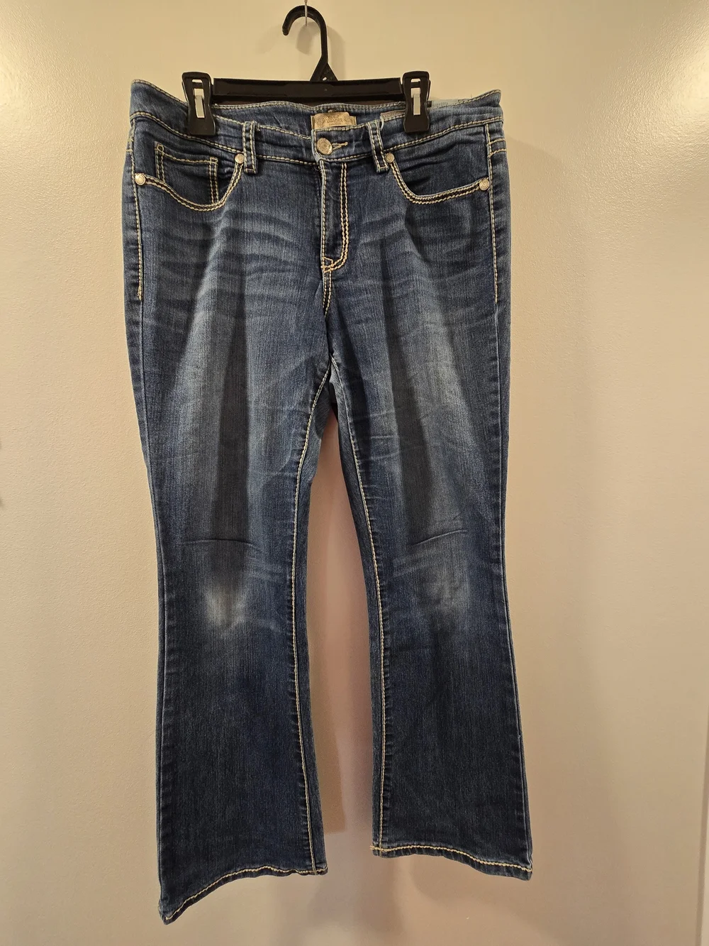 Vintage America Dark Blue Bootcut Jeans with Rhinestone Swirl Pockets